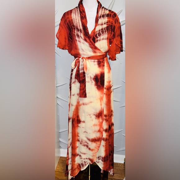 RAGA Dresses & Skirts - Raga SZ S NWT cream/orange tie dye patterned full wrap dress/bust 24”/waist 28”.